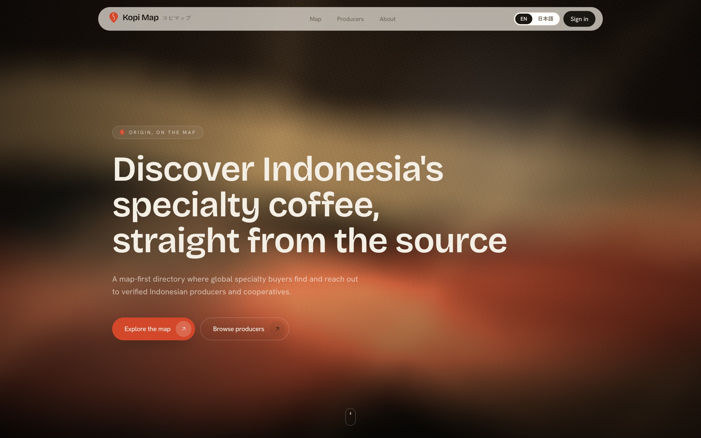 Kopi Map — bilingual Indonesian coffee producer directory hero